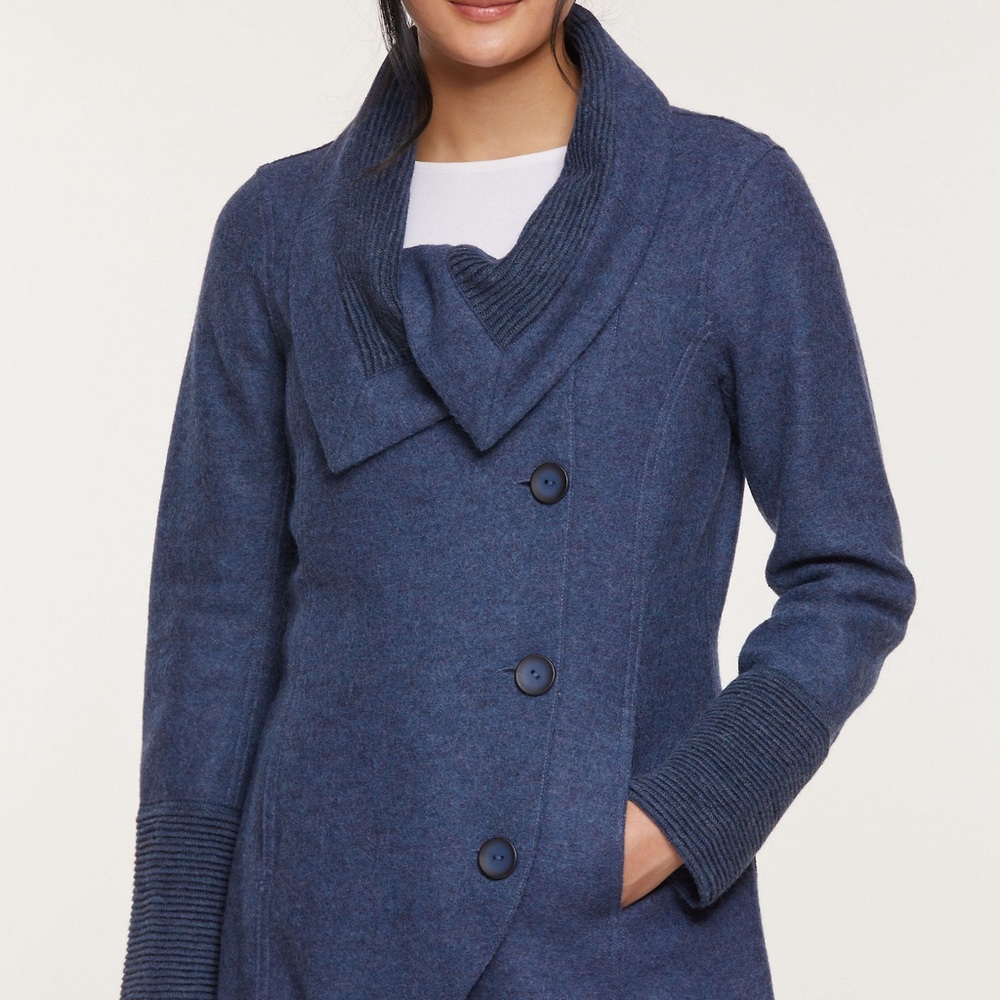 Overland Monica Peruvian Alpaca Wool-Blend Navy Asymmetrical Coat; Shawl Collar